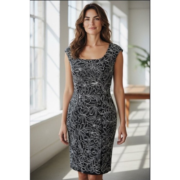 Sue Wong Black White Ribbon Swirl Wedding Guest Cocktail Dress Size 4